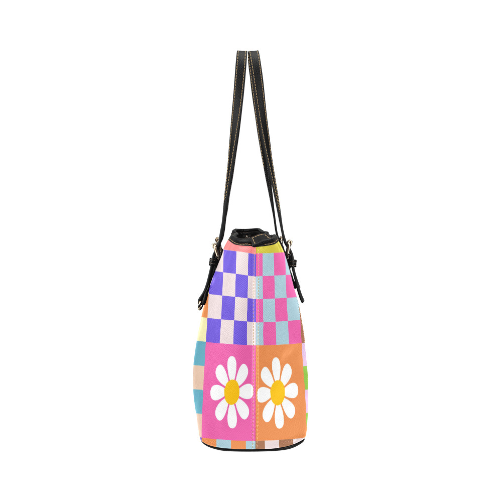 Mid Century Geometric Checkered Retro Floral Daisy Flower Pattern Leather Tote Bag/Large (Model 1651)