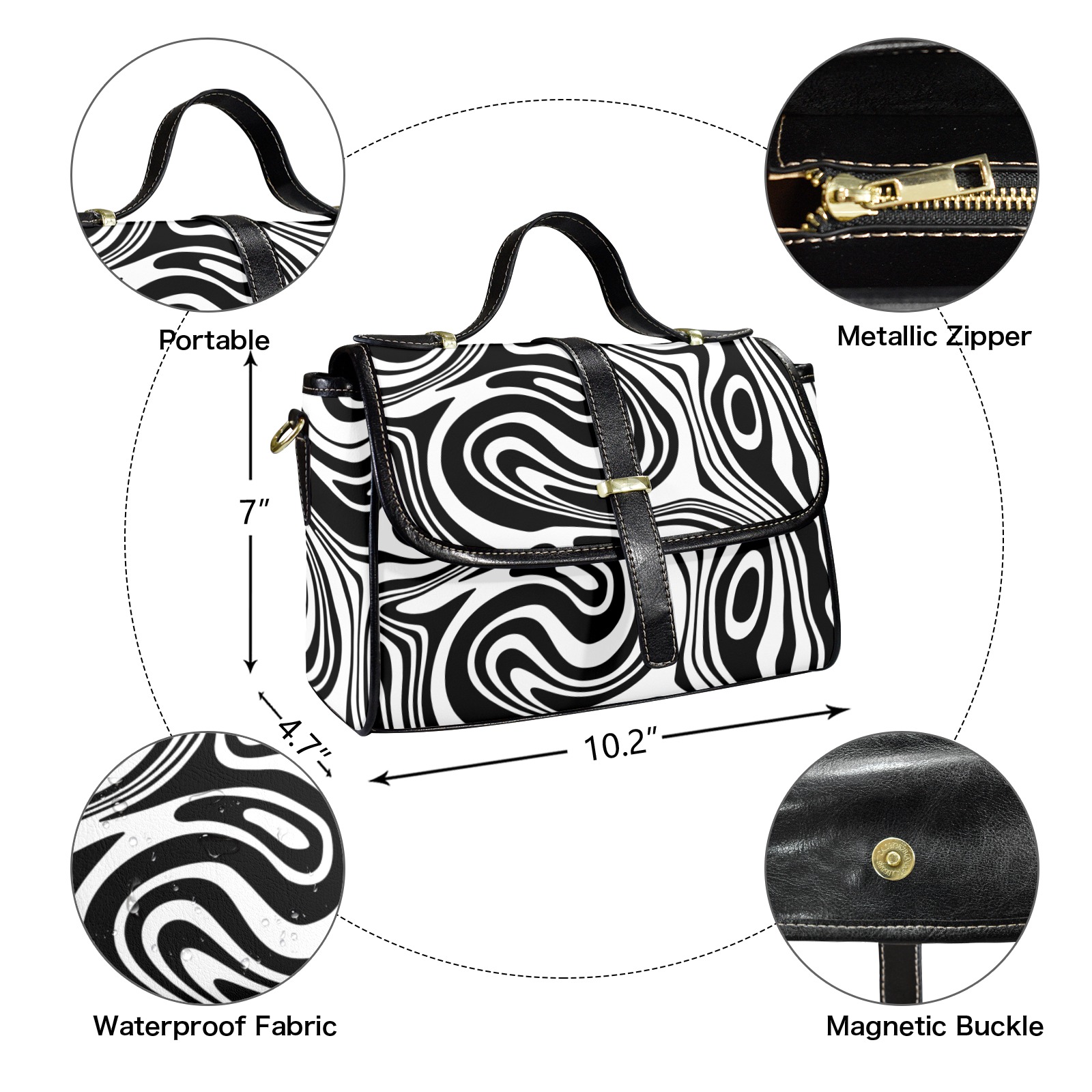 Black and White Marble Multi-Function Leather Satchel-Black (Model 1739)