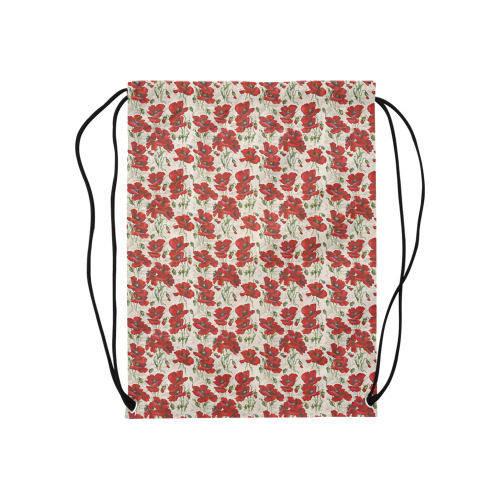 Red Poppy Flowers Vintage Floral Pattern Medium Drawstring Bag Model 1604 (Twin Sides) 13.8"(W) * 18.1"(H)