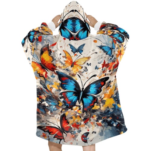 Fantastic blue, red, yellow butterflies art Blanket Hoodie for Women