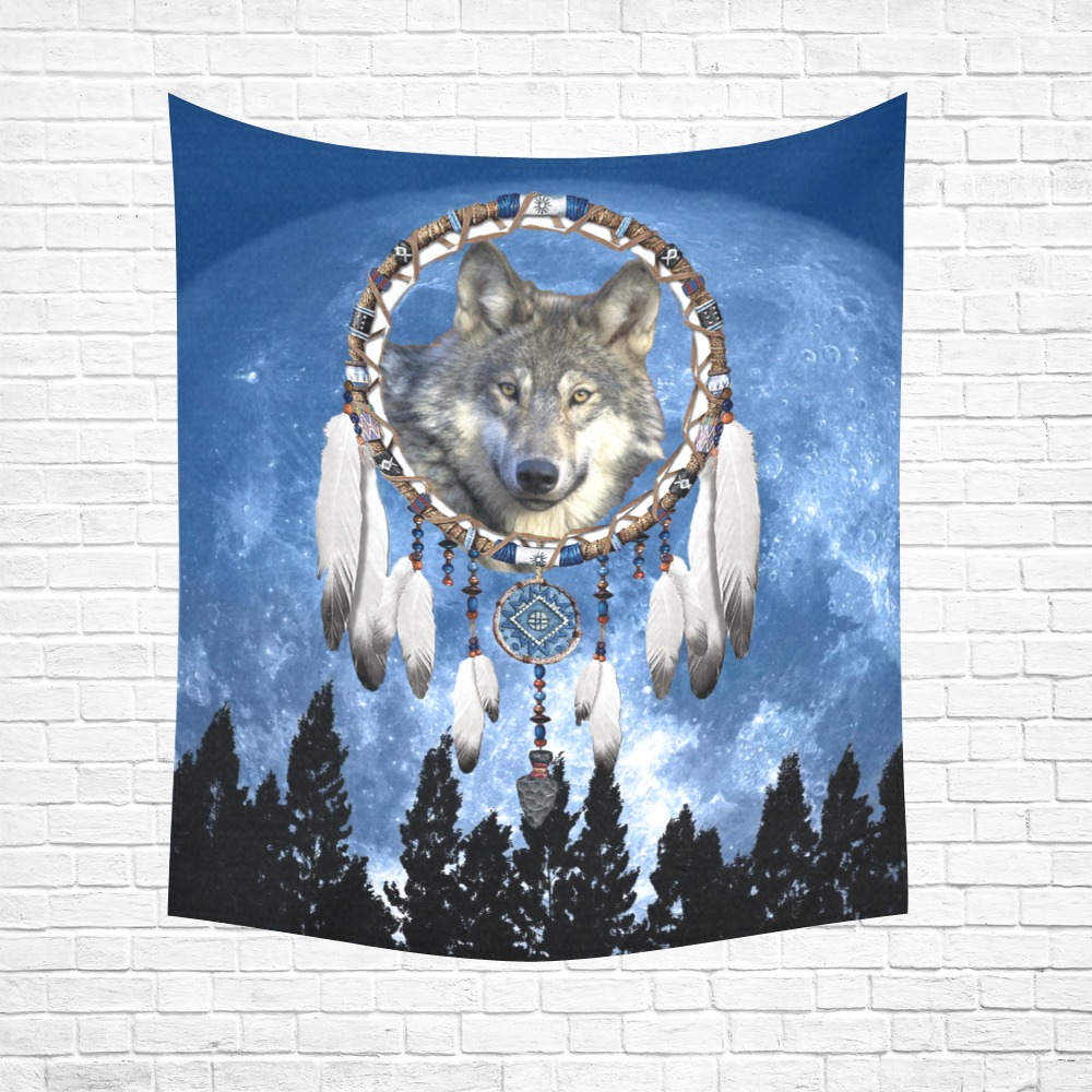 Wolf, Dream Catcher and Moon Cotton Linen Wall Tapestry 51"x 60"