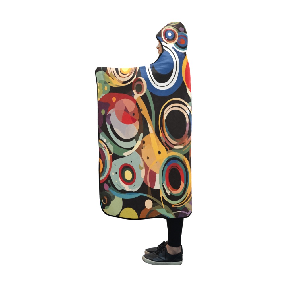 Abstract art of colorful circles, rings on black. Hooded Blanket 60''x50''