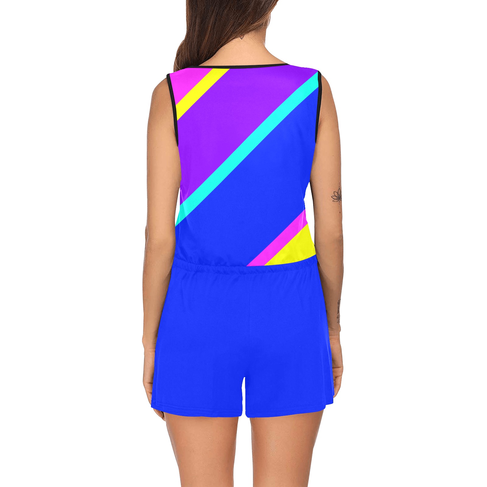 Bright Neon Colors Diagonal Blue All Over Print Short Jumpsuit
