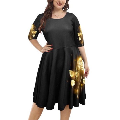 Shiny Golden Rose Pattern Half Sleeve Skater Dress (Model D61)