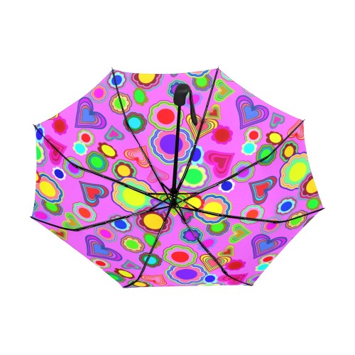 Groovy Hearts and Flowers Pink Anti-UV Auto-Foldable Umbrella (Underside Printing) (U06)