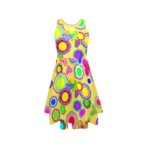 Groovy Hearts and Flowers Yellow Sleeveless Expansion Dress (Model D60)