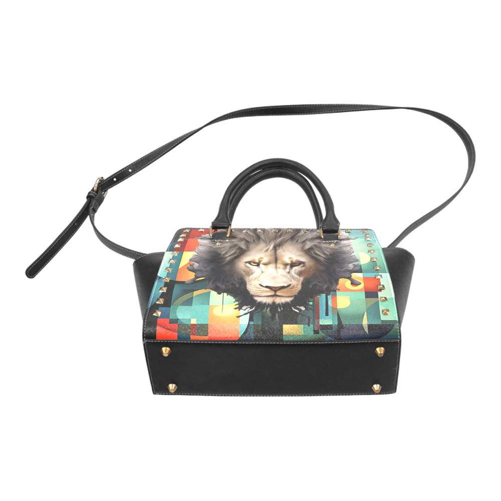 Lion On Cubism Pattern Rivet Shoulder Handbag (Model 1645)