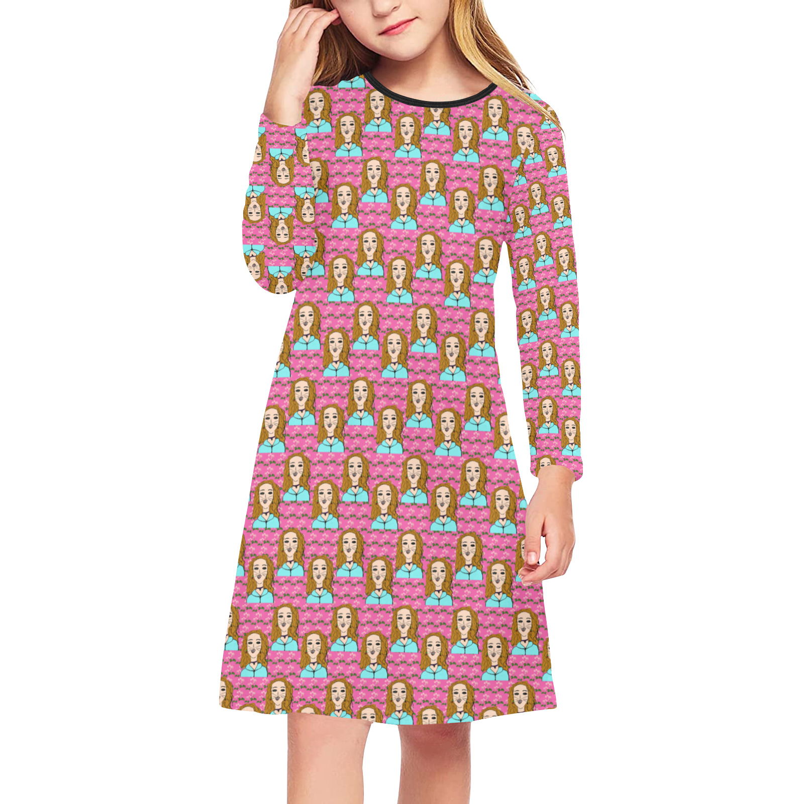 girl pink Girls' Long Sleeve Dress (Model D59)