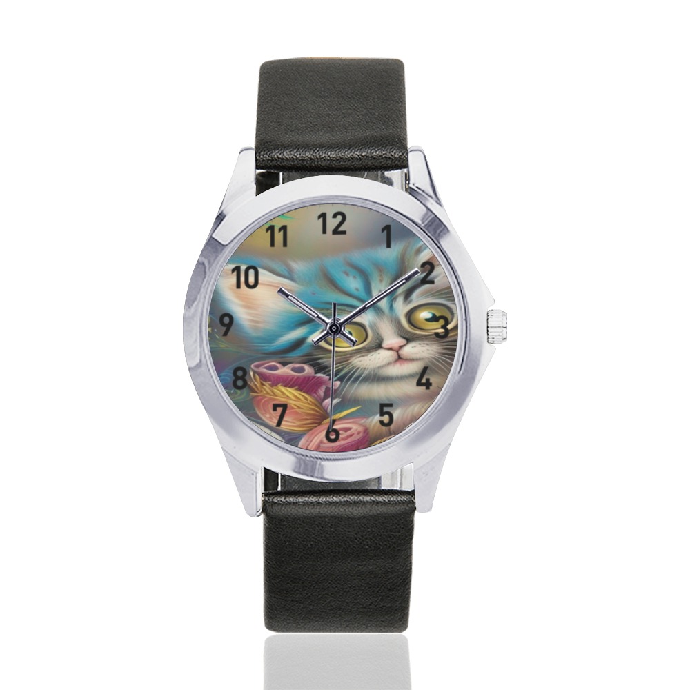Cute Kittens 6 Unisex Silver-Tone Round Leather Watch (Model 216)