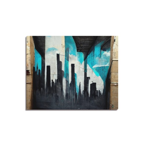 graffiti buildings black white and turquoise 1 Frame Canvas Print 20"x16"