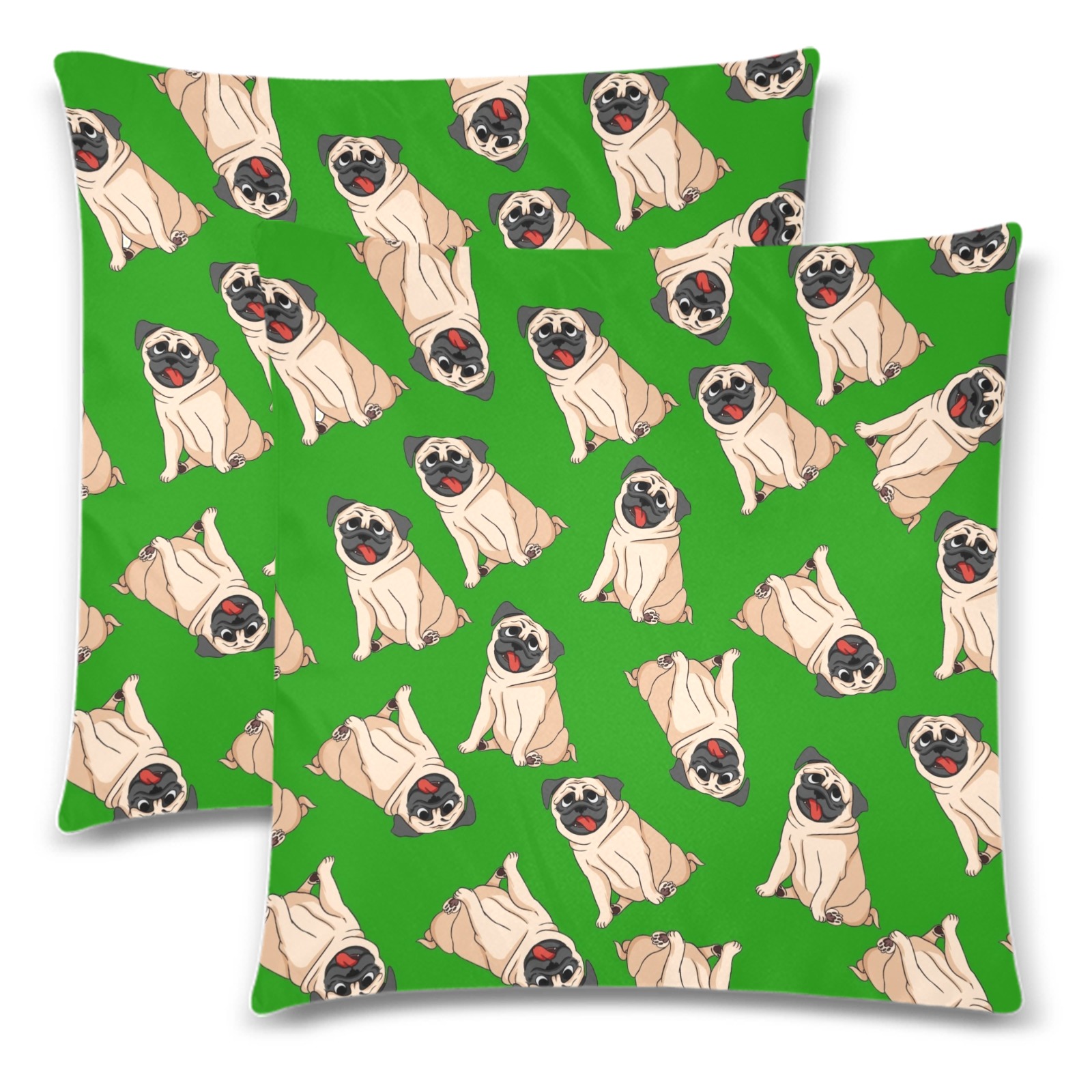 Pugs on Green Custom Zippered Pillow Cases 18"x 18" (Twin Sides) (Set of 2)