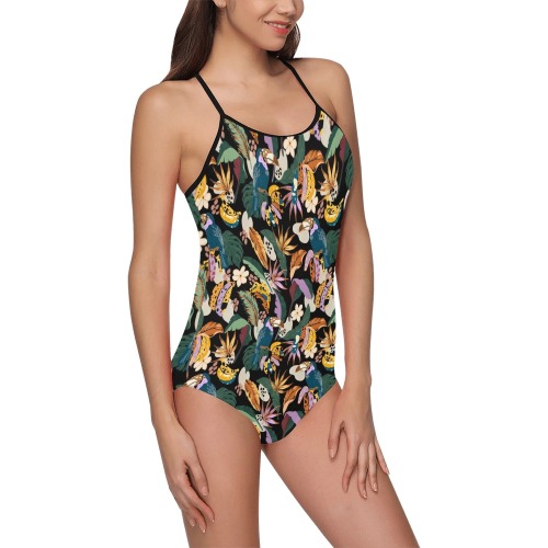 Toucans in the modern colorful dark jungle 2 Strap Swimsuit ( Model S05)