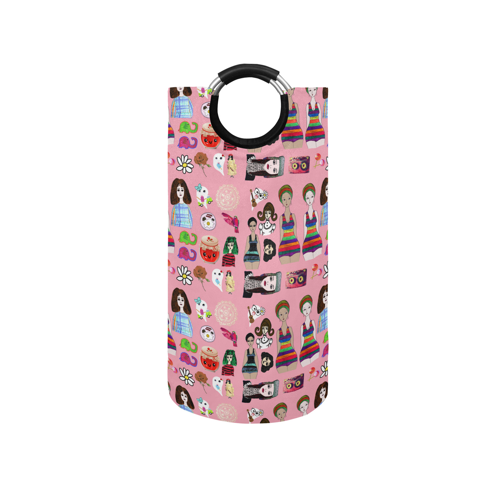 drawing collage pink Round Laundry Bag