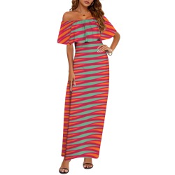 Tribal striped burgundy orange fucsia azure Women's Off Shoulder Ruffle Boat Neck Dress (Model D71)