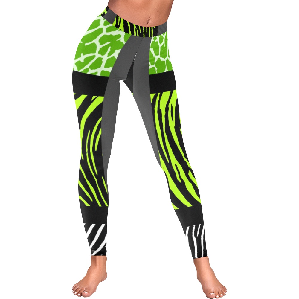 White and Light Green Mixed Animal Print Women's Low Rise Leggings (Invisible Stitch) (Model L05)