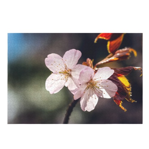 Two beautiful sakura Japanese cherry blossoms. 1000-Piece Wooden Jigsaw Puzzle (Horizontal)