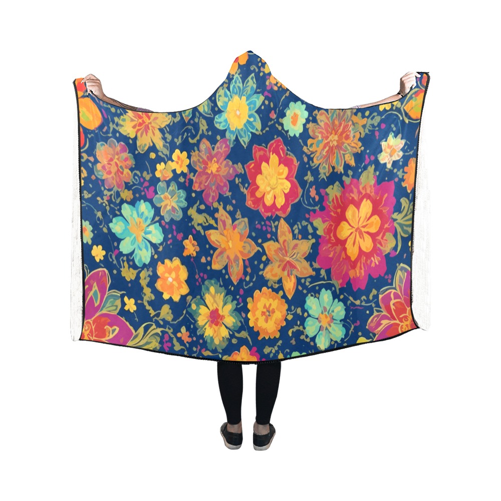 Fantasy floral pattern of colorful flowers on dark Hooded Blanket 50''x40''