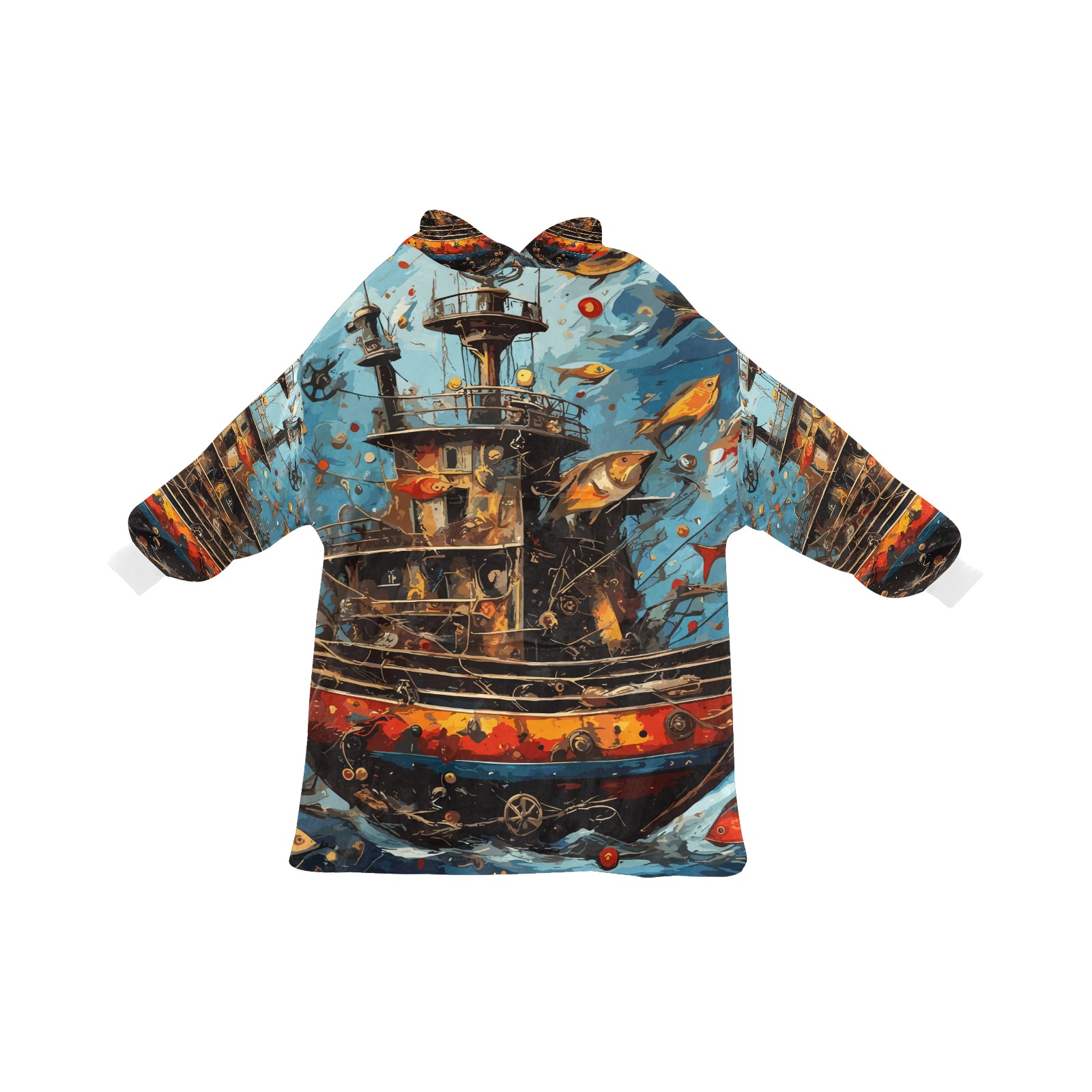 Fairy tale fantasy ship at sea and fishes art. Blanket Hoodie for Men