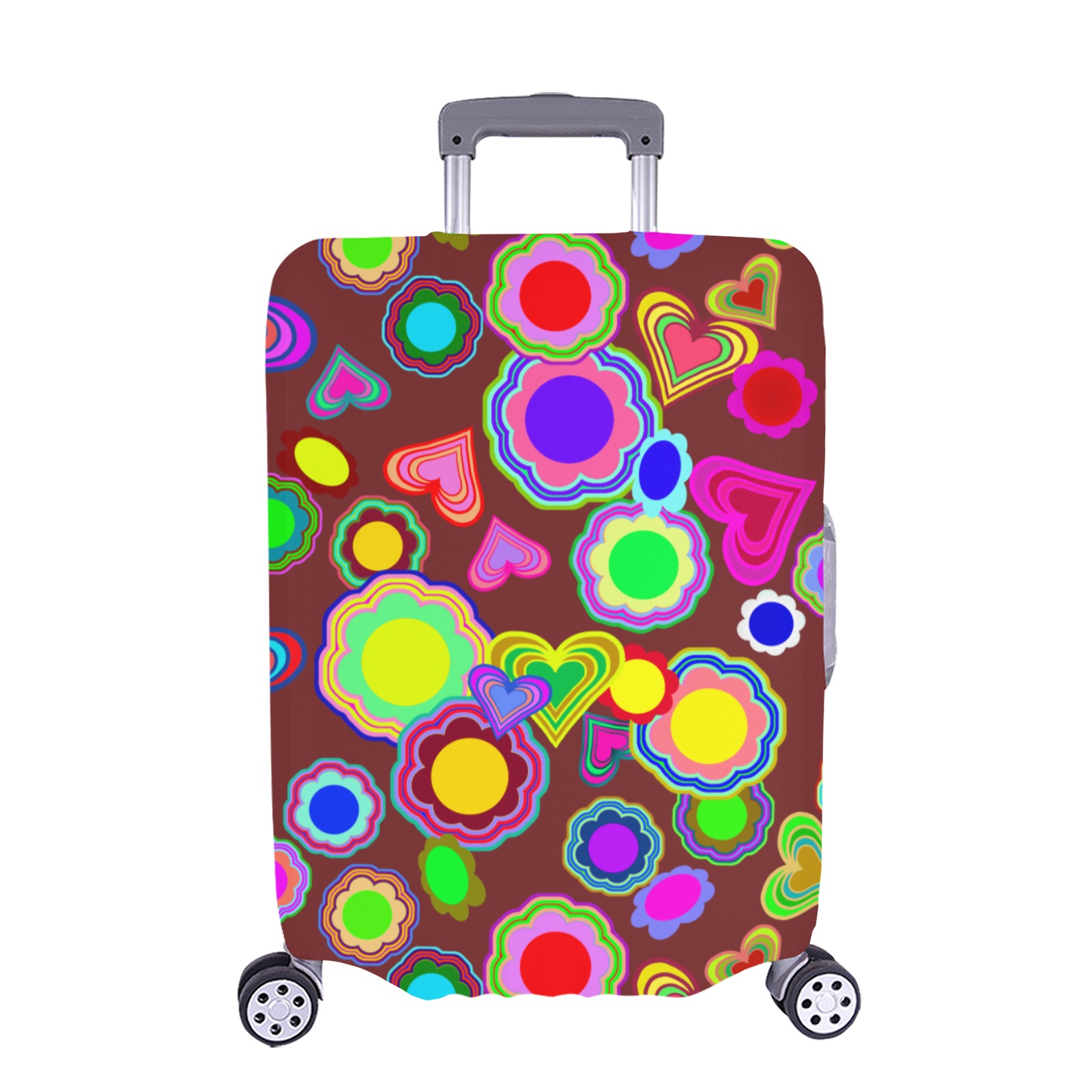 Groovy Hearts and Flowers Brown Luggage Cover/Extra Large 28"-30"