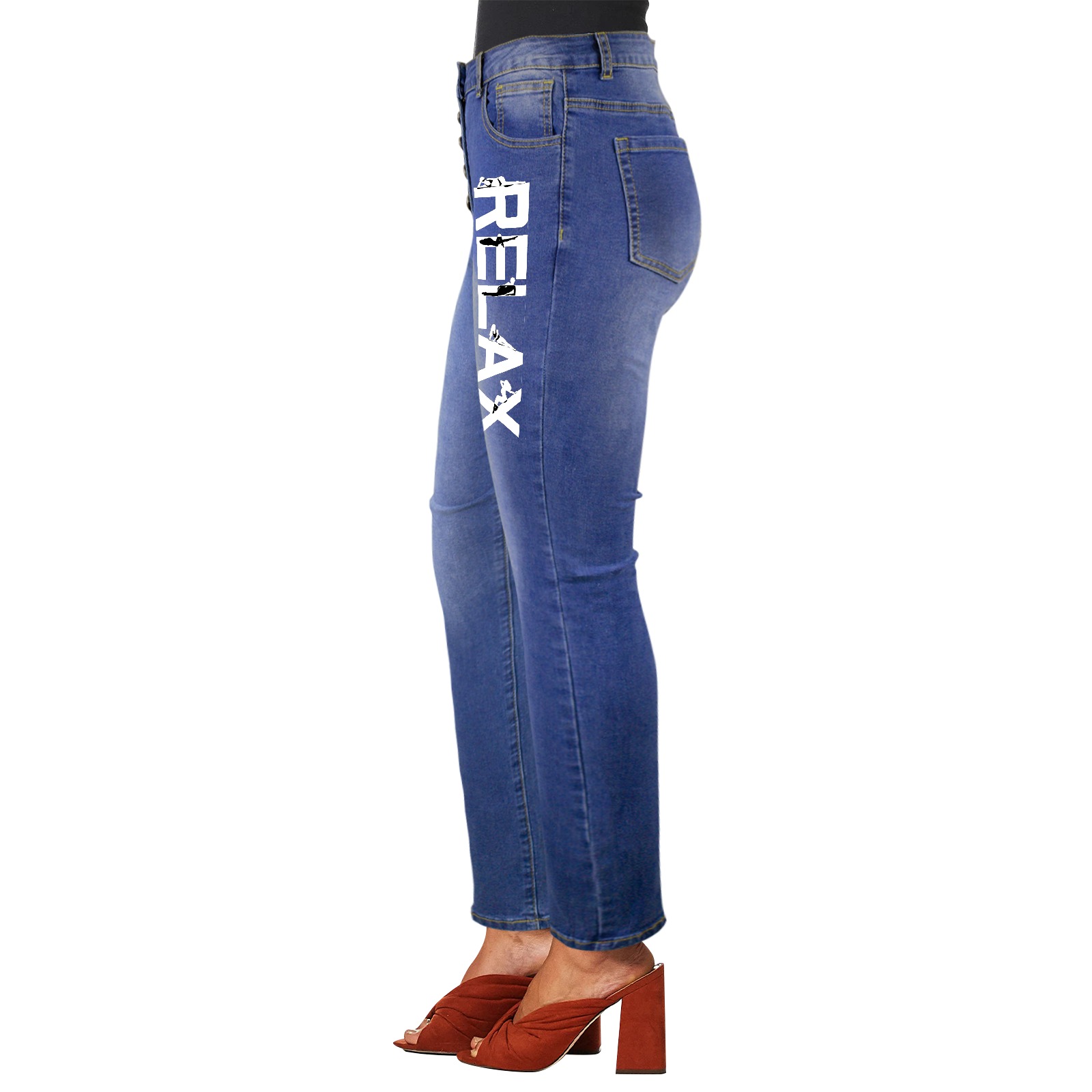 Relax white text and silhouettes of relaxing women Women's Jeans (Front Printing)