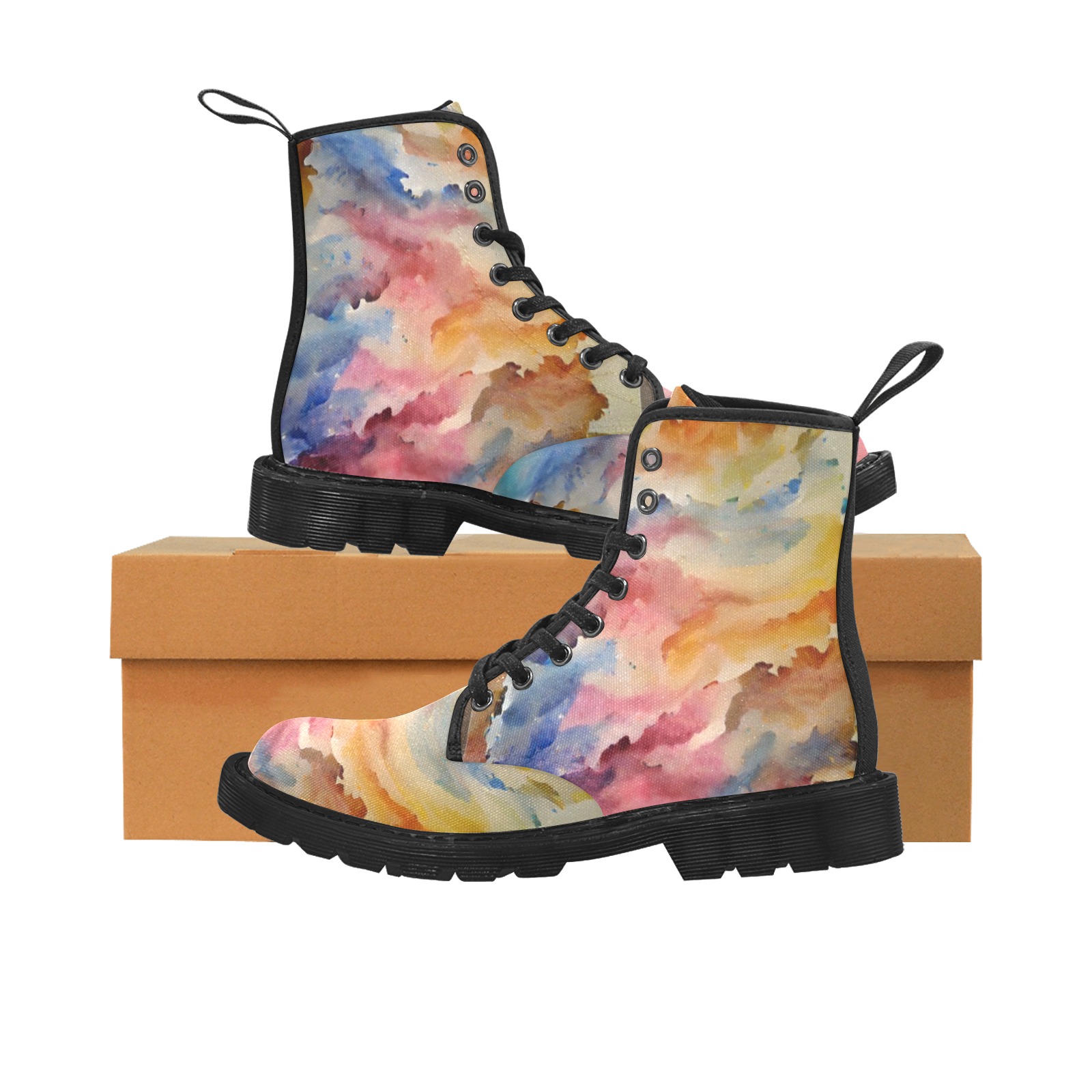 watercolor_waves_TradingCard Martin Boots for Women (Black) (Model 1203H)