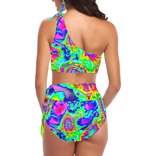 psychedelic flowers 1 High Waisted One Shoulder Bikini Set (Model S16)