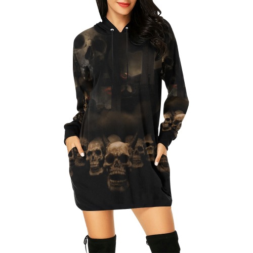 Gothic Skulls at Cemetery Halloween All Over Print Hoodie Mini Dress (Model H27)