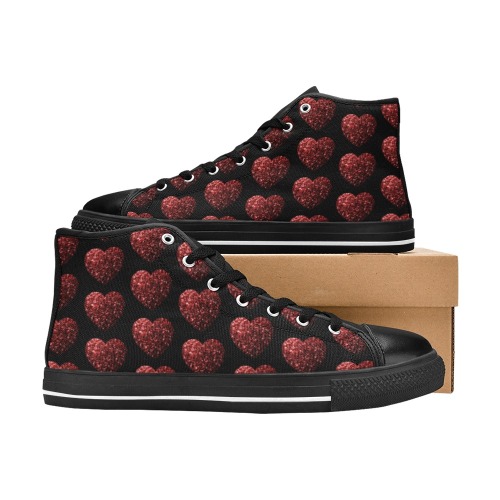 Red sparkles heart faux glitter Valentines Day love pattern on black Women's Classic High Top Canvas Shoes (Model 017)