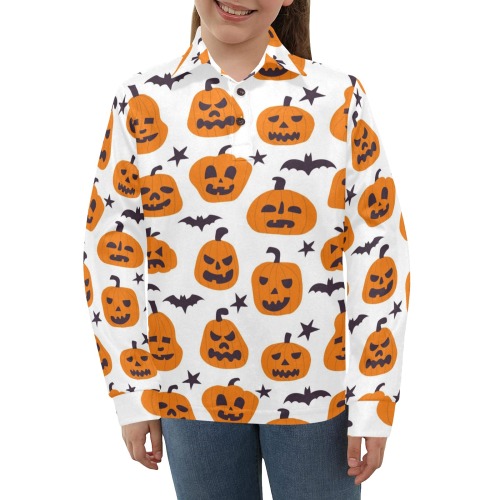 Halloween Pumpkins and Bats Big Girls' All Over Print Long Sleeve Polo Shirt (Model T73)