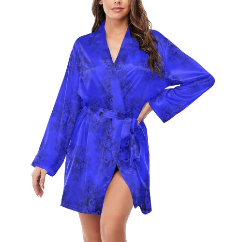 Midnight Blue Gardens Frost Fractal Women's Long Sleeve Belted Night Robe