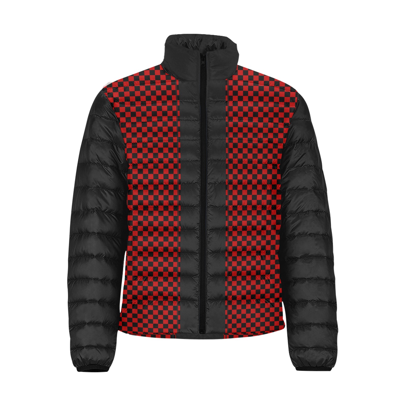 Checkerboard Red Black Stripe Racing Men's Stand Collar Padded Jacket (Model H41)