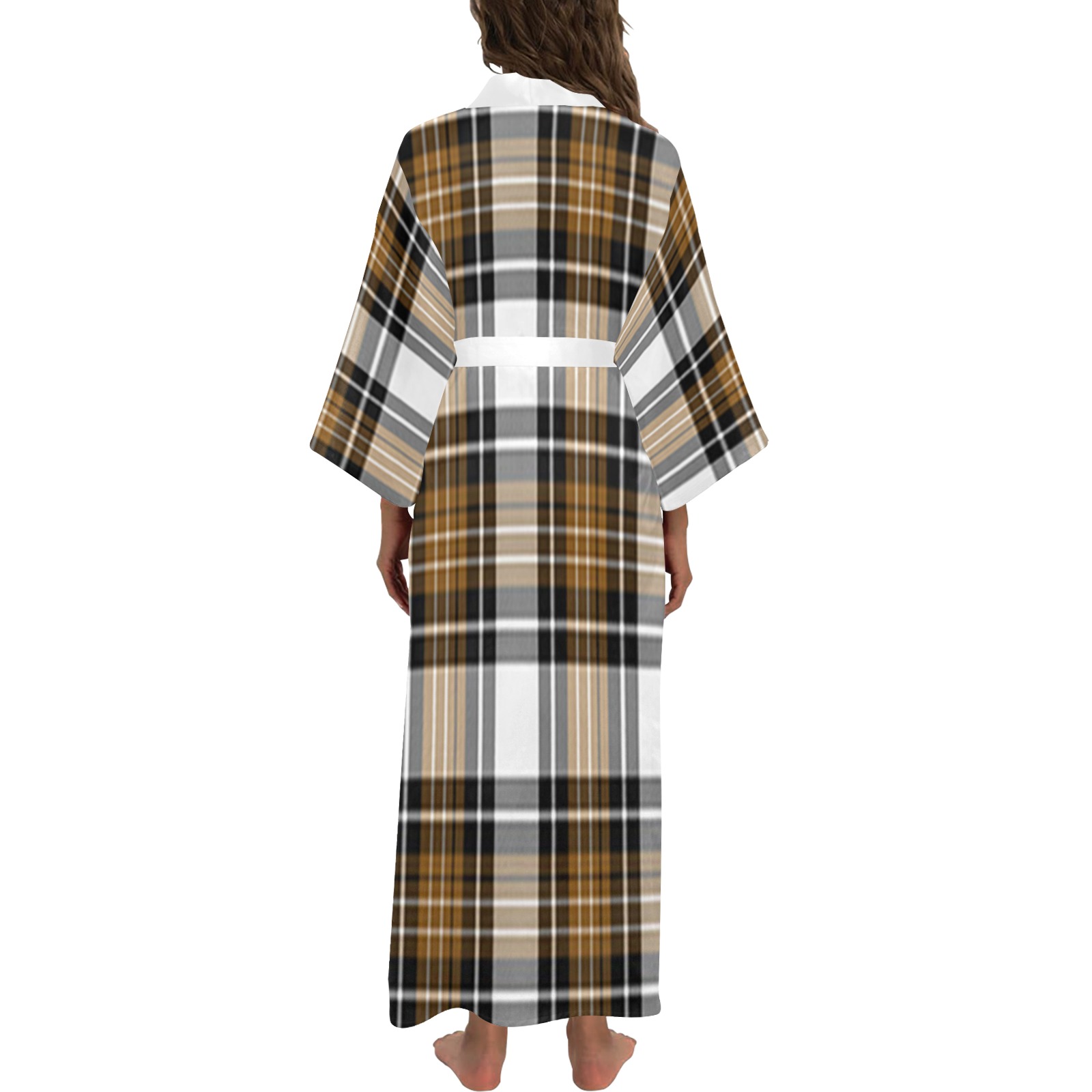 Brown Black Plaid Long Kimono Robe