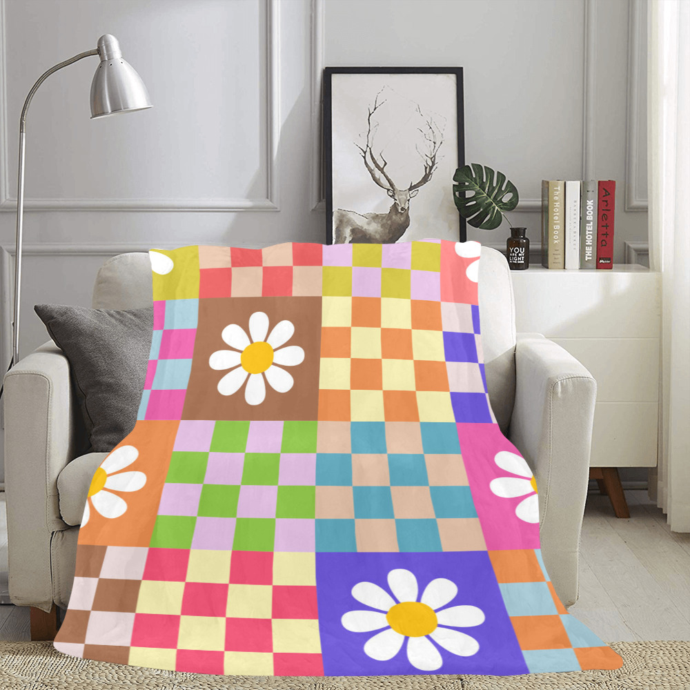 Mid Century Geometric Checkered Retro Floral Daisy Flower Pattern Ultra-Soft Micro Fleece Blanket 60"x80"