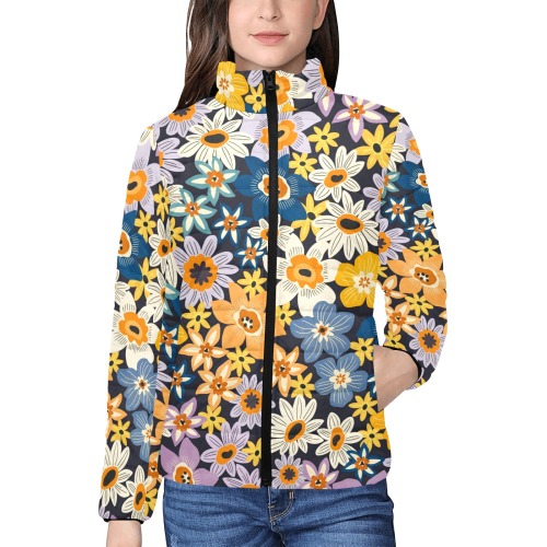 Lush wild flower garden dark Women's Stand Collar Padded Jacket (Model H41)