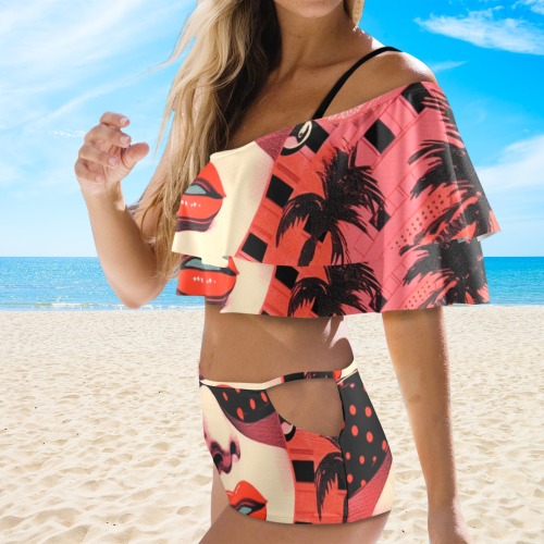 Beachy Brenda 2-piece Pop Art Swimsuit Women's Ruffle Off Shoulder Bikini Swimsuit (Model S45)