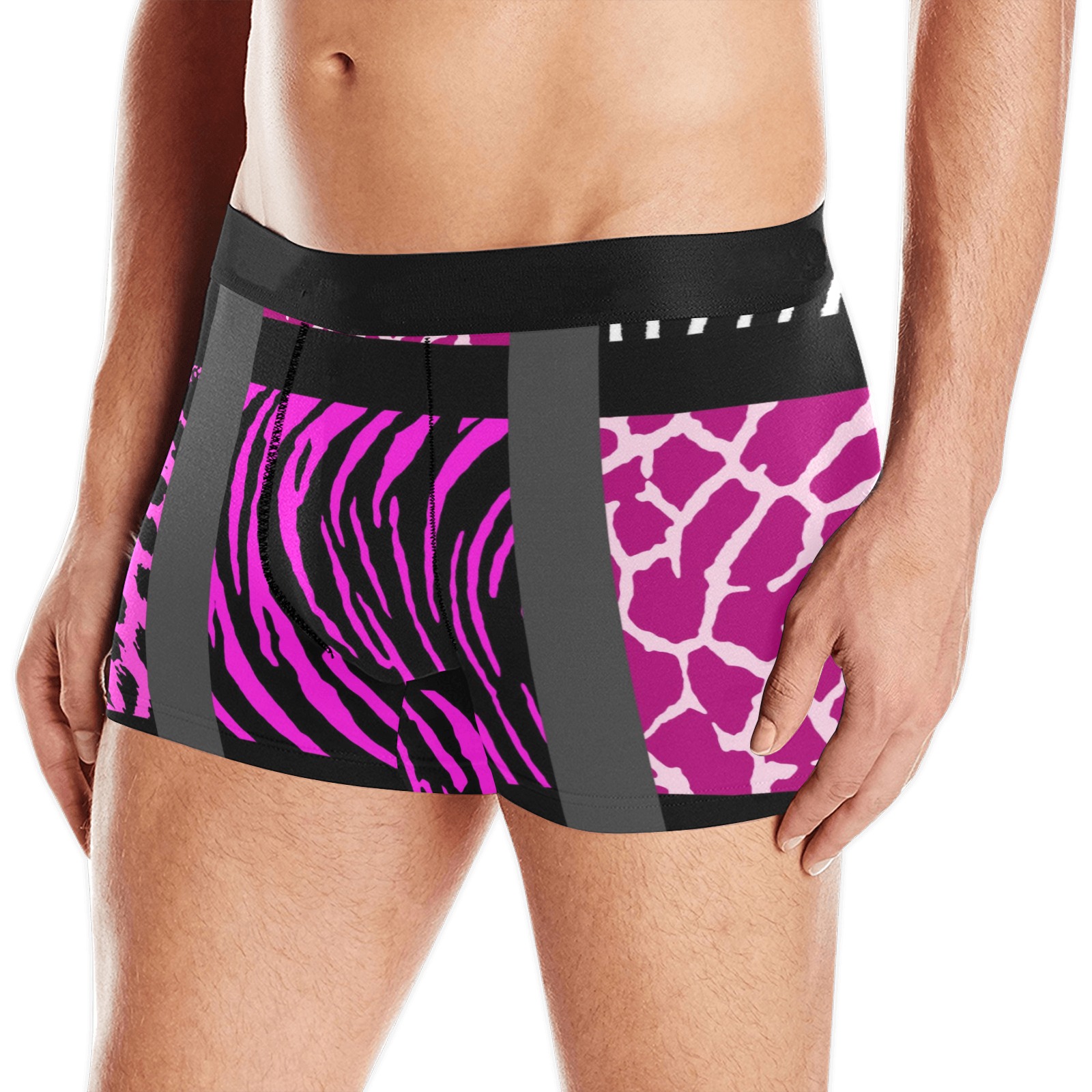 Pink Mixed Animal Print Men's Boxer Briefs w/ Custom Waistband (Merged Design) (Model L10)