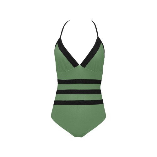 color artichoke green Lace Band Embossing Swimsuit (Model S15)