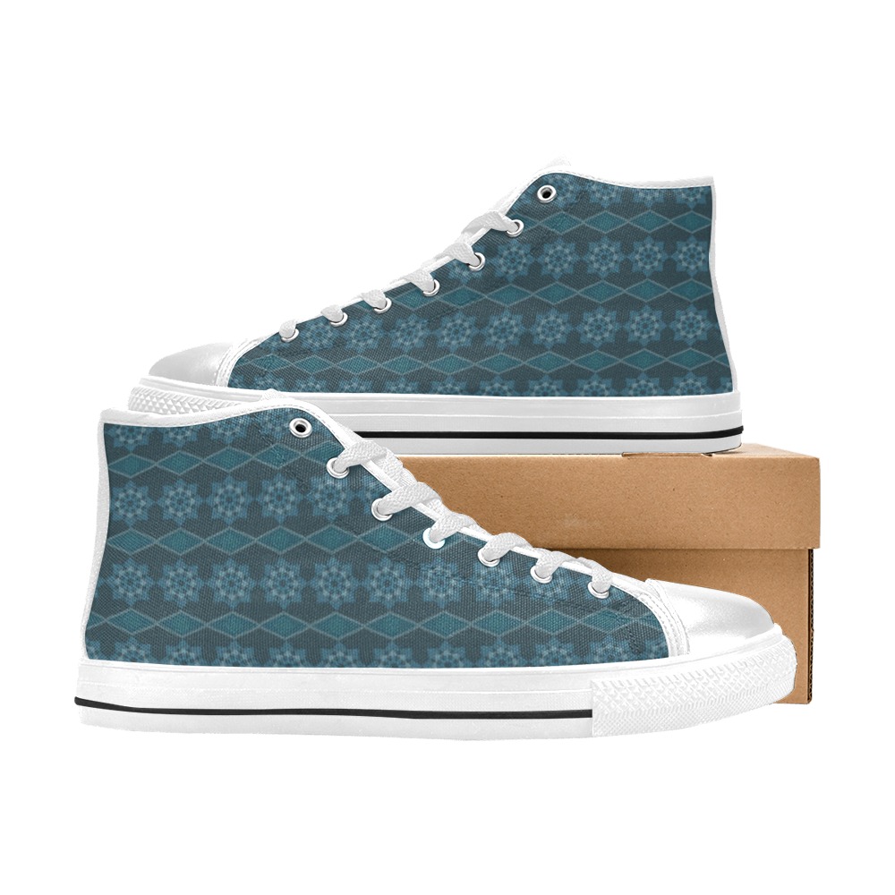 Turquoise Leafy floral Octagon and Diagonal pattern Women's Classic High Top Canvas Shoes (Model 017)