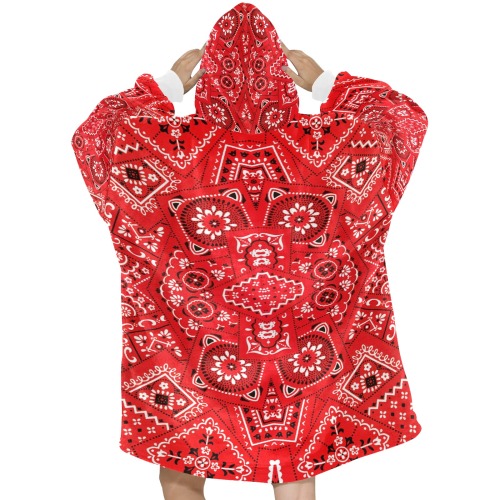 Red Bandana Squares / White Cuff Blanket Hoodie for Women