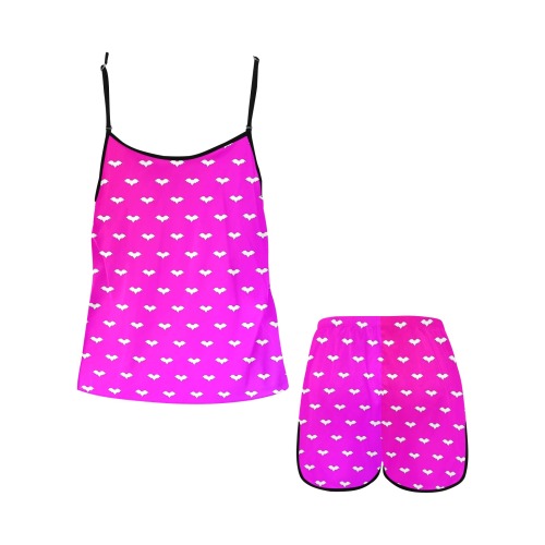 White Tiny Bats Pink Women's Spaghetti Strap Short Pajama Set