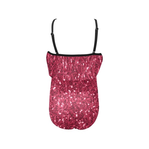 Magenta dark pink red faux sparkles glitter Kids' Spaghetti Strap Ruffle Swimsuit (Model S26)