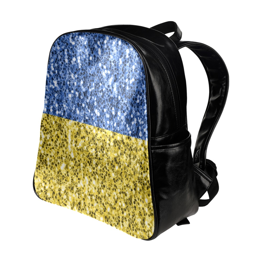 Blue yellow Ukraine flag glitter faux sparkles Multi-Pockets Backpack (Model 1636)