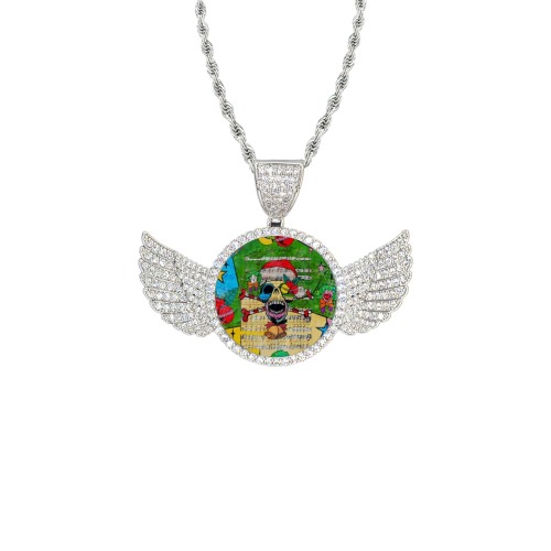 Christmas Skull by Nico Bielow Wings Silver Photo Pendant with Rope Chain