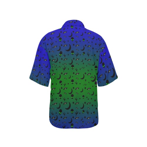 Aliens and Spaceships Blue and Green All Over Print Hawaiian Shirt for Women (Model T58)