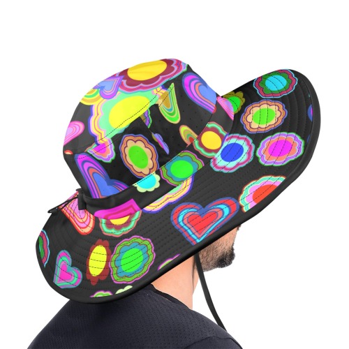 Groovy Hearts and Flowers Black Wide Brim Bucket Hat
