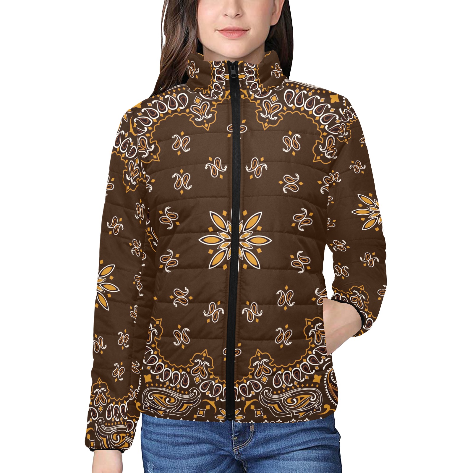 Brown Bandanna Pattern Women's Stand Collar Padded Jacket (Model H41)