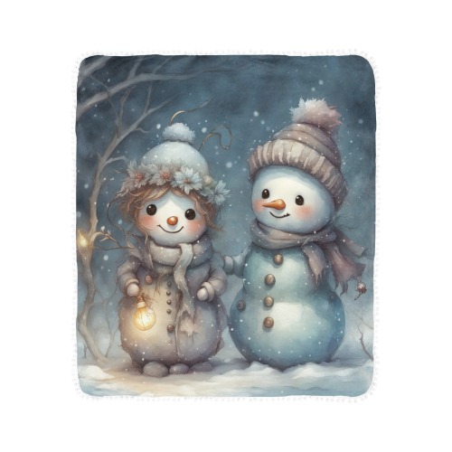 Snowman Couple Pom Pom Fringe Blanket 40"x50"
