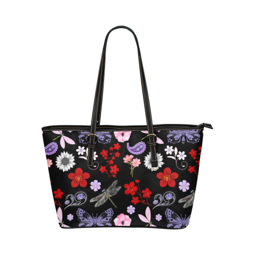 Black, Red, Pink, Purple, Dragonflies, Butterfly and Flowers Design Leather Tote Bag/Large (Model 1651)
