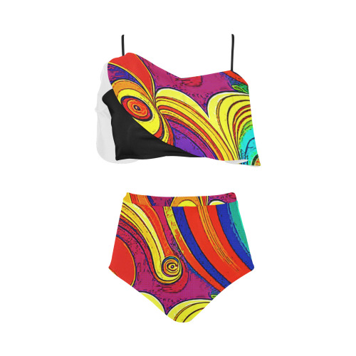 Colorful Groovy Rainbow Swirls High Waisted Ruffle Bikini Set (Model S13)