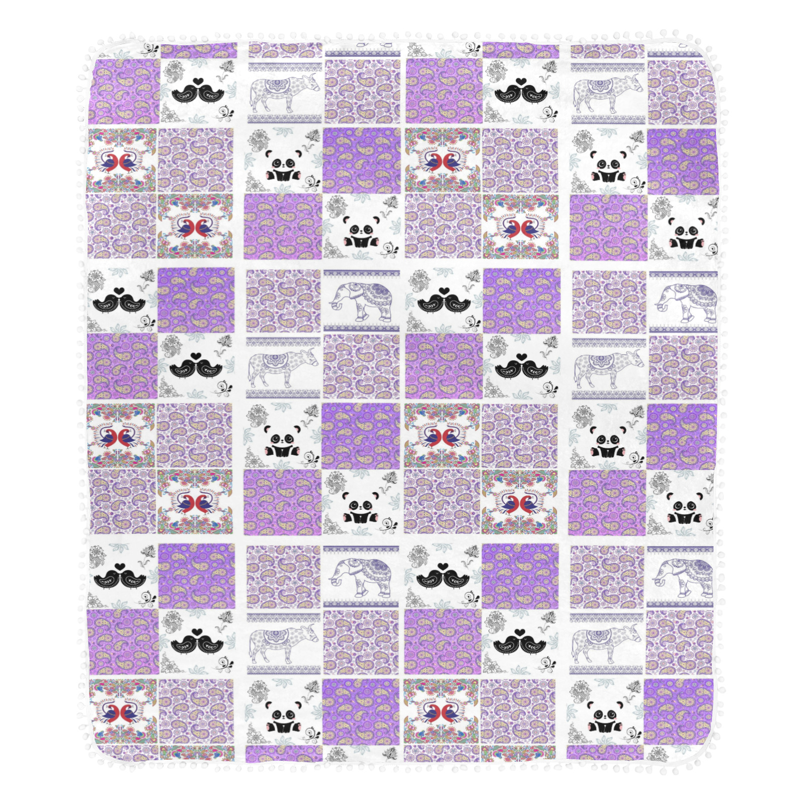 Purple Paisley Birds and Animals Patchwork Design Pom Pom Fringe Blanket 60"x80"